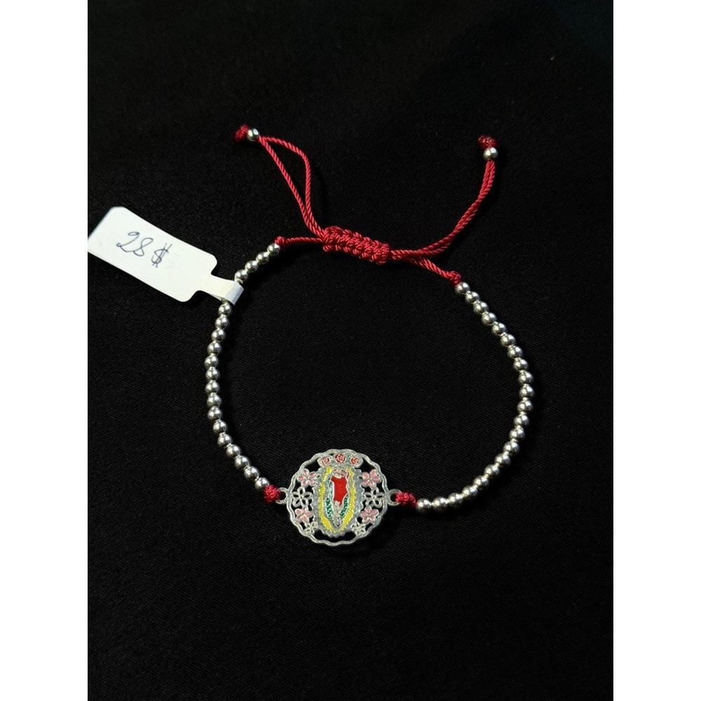 Our Lady of Guadalupe Virgin Mary Red Cord Adjustable Beaded Bracelet Silver